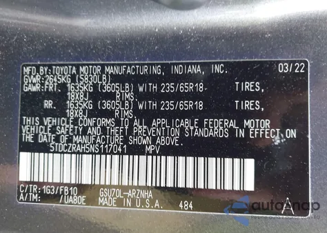 2022 Toyota Highlander L z USA, uszkodzony, nr VIN 5TDCZRAH5NS117041